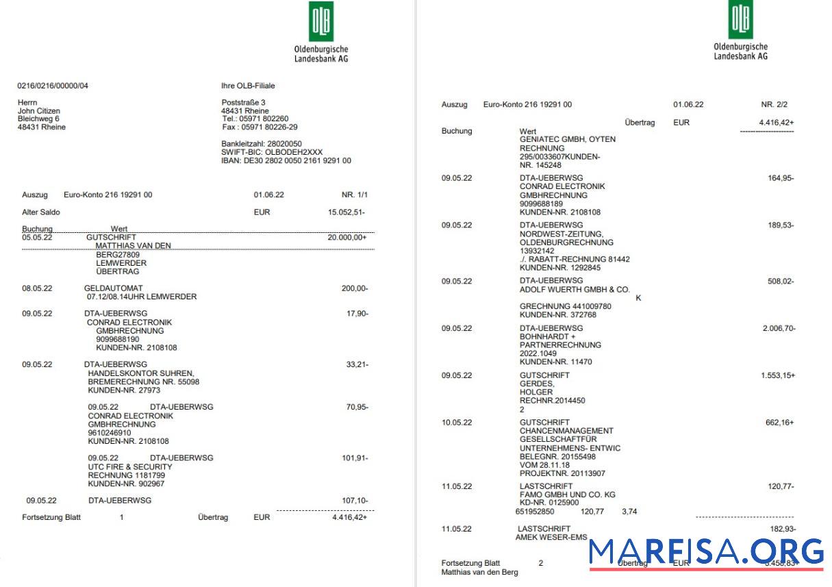 Downloadable Germany Oldenburgische bank statement on Deutsch, 3 pages download for verification
